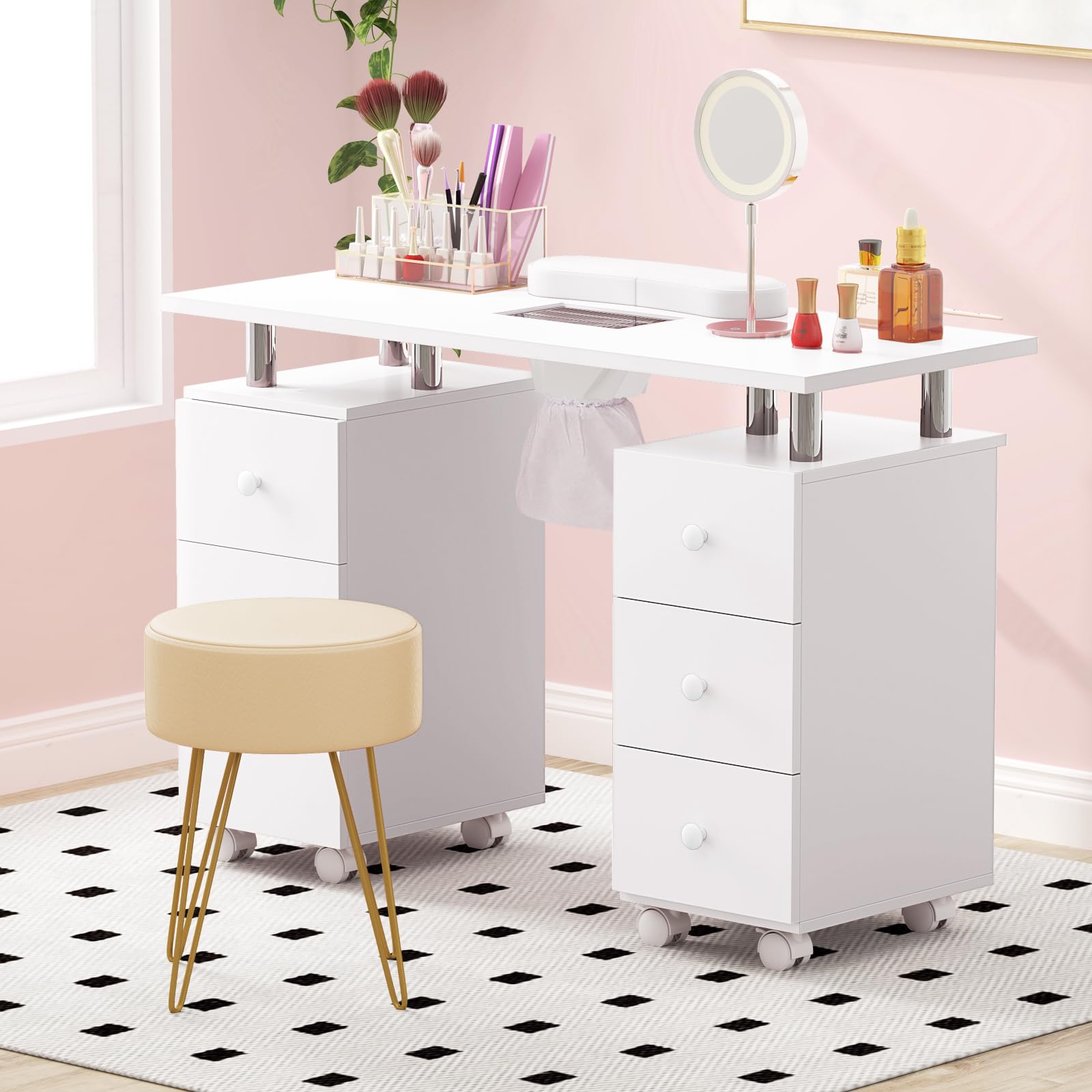 DREAMADE Manikürtisch, Nageltisch mit Staubabsaugung & 3 Staubbeuteln, Nagelstudio Tisch mit Handauflage, Schubladen, Schrank, Maniküre Tisch auf Rollen für Zuhause, Studio, Schönheitssalon (Weiß)