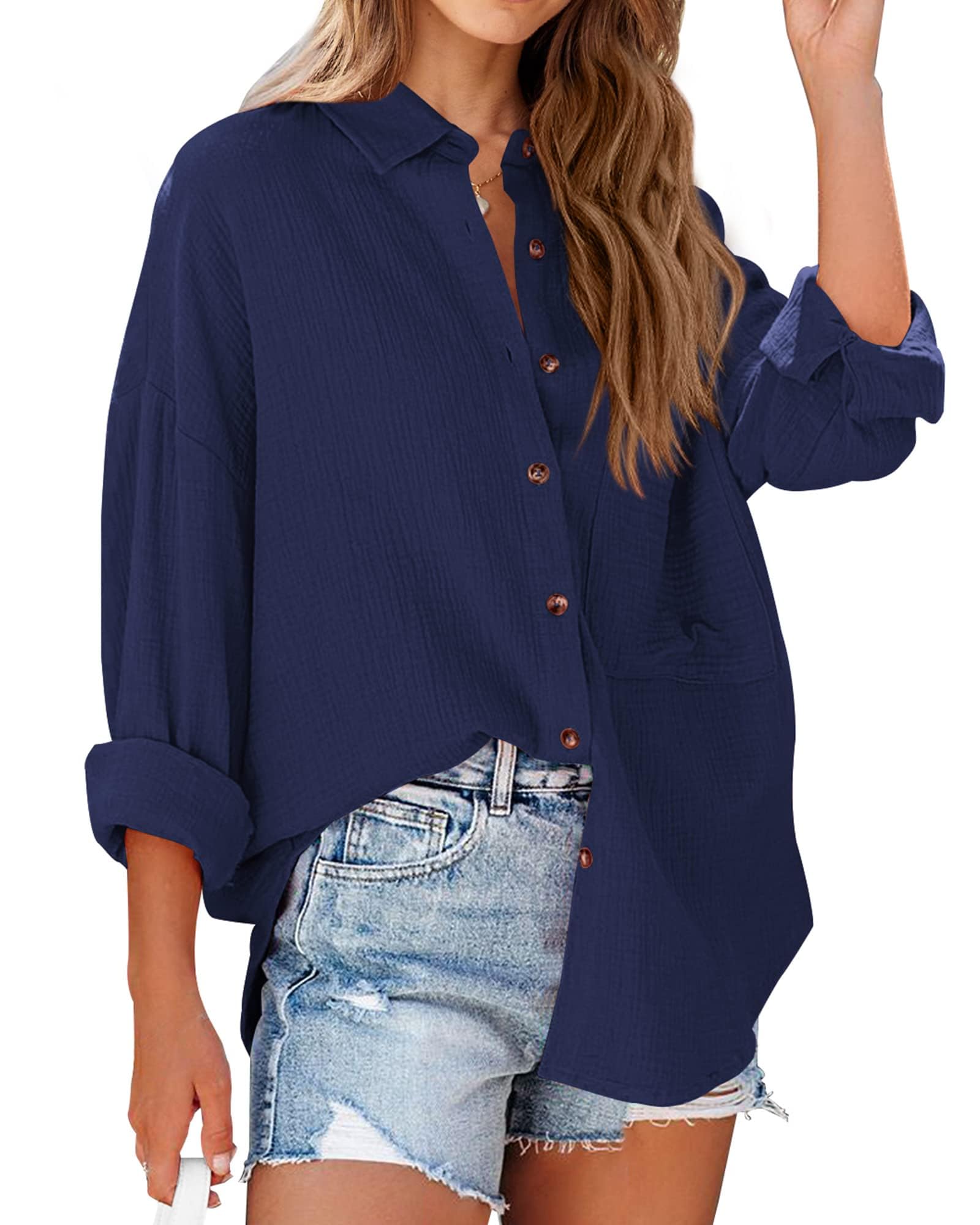 NOLLSOM Casual Shirts for Women Long Sleeve Button Down Blouses Fall 2026 Solid Color Trendy Tops with Pocket