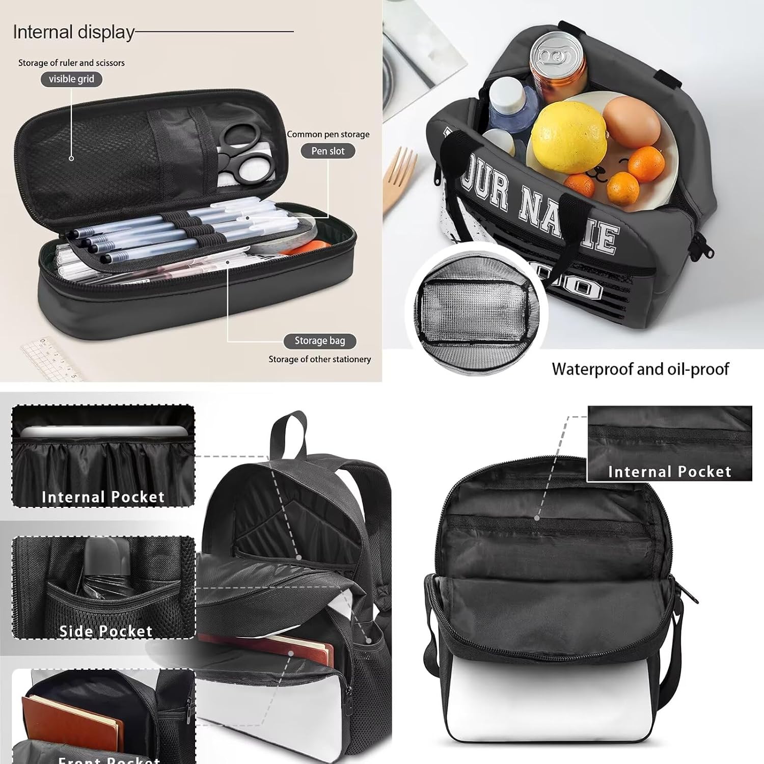 Rugby Pattern Book Bags Set of 4, Customized Black Flag Travel Bookbags Carry on Backpacks Lunch Bag Pencil Box Case for Teenagers Girls Boys Kids 2024