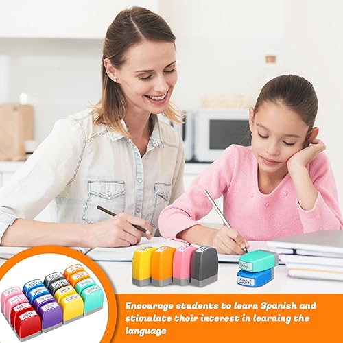 Vista 12 de Jetec 16 sellos autoentintados para profesores españoles, regalos para profesores, sellos de calificación de motivación para suministros de Redonda