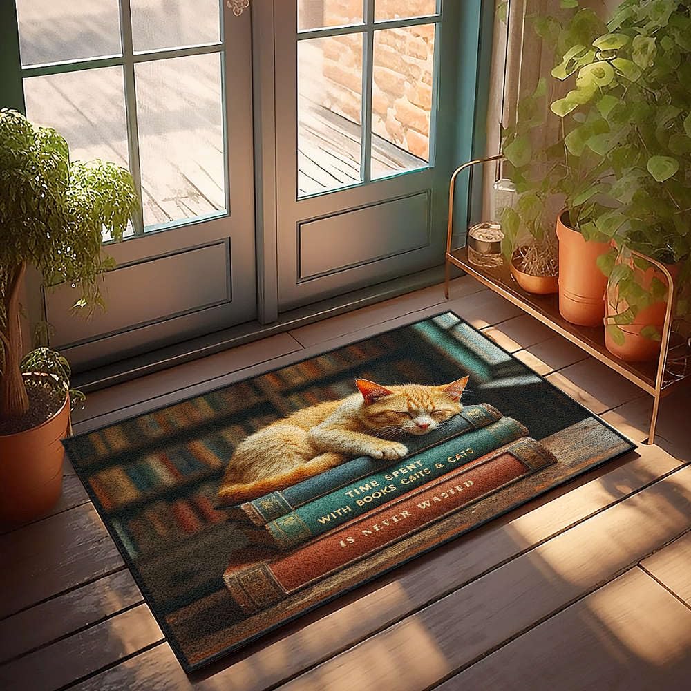 Tapis porte d'entrée le temps passé avec des livres et des chats vintage 65x90