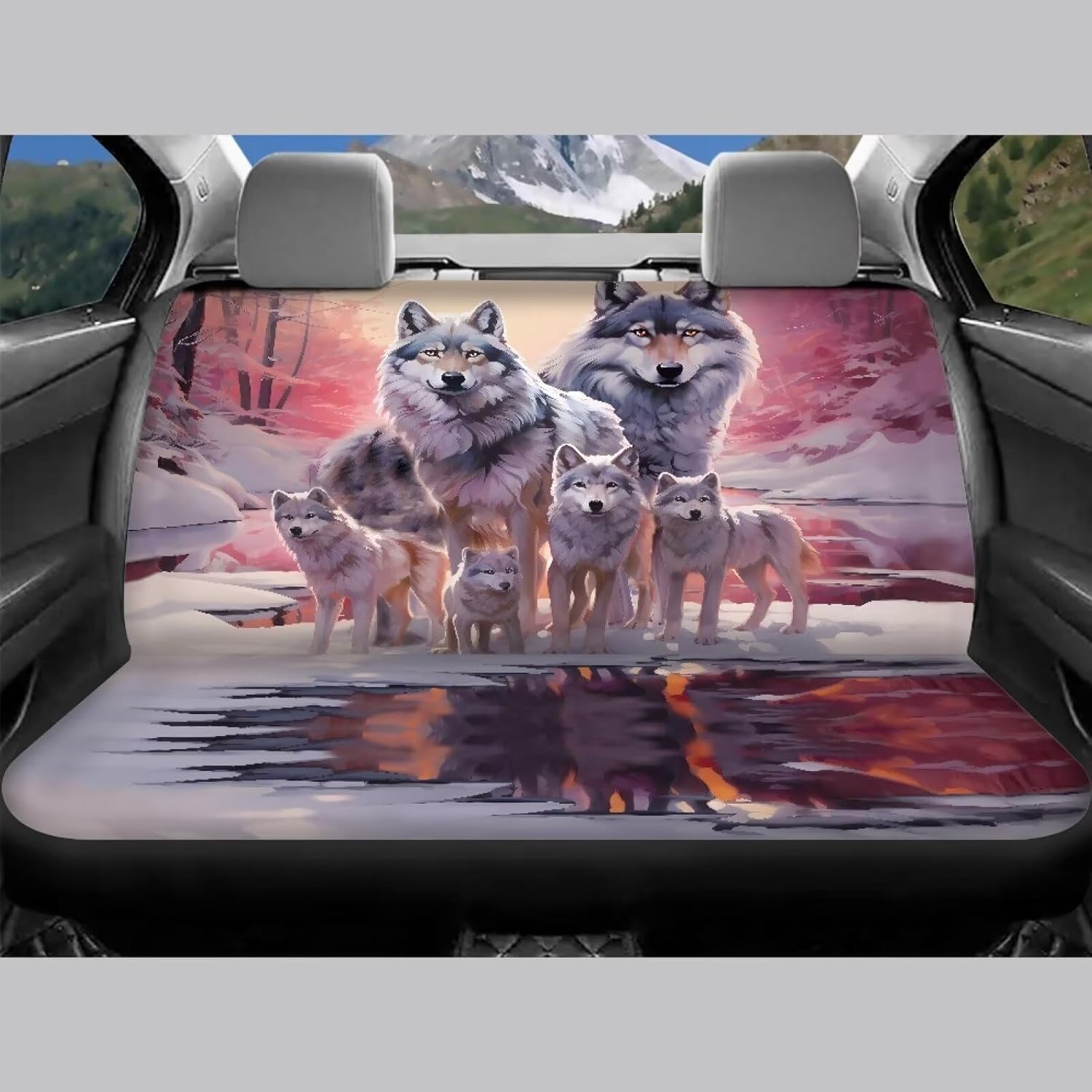 Wolf Print 4Pcs Car Seat Cover Vehicle Front and Rear Bench Back Seat Cover Full Set Fits for SUV Truck Van Sedan Auto Interior Accessories