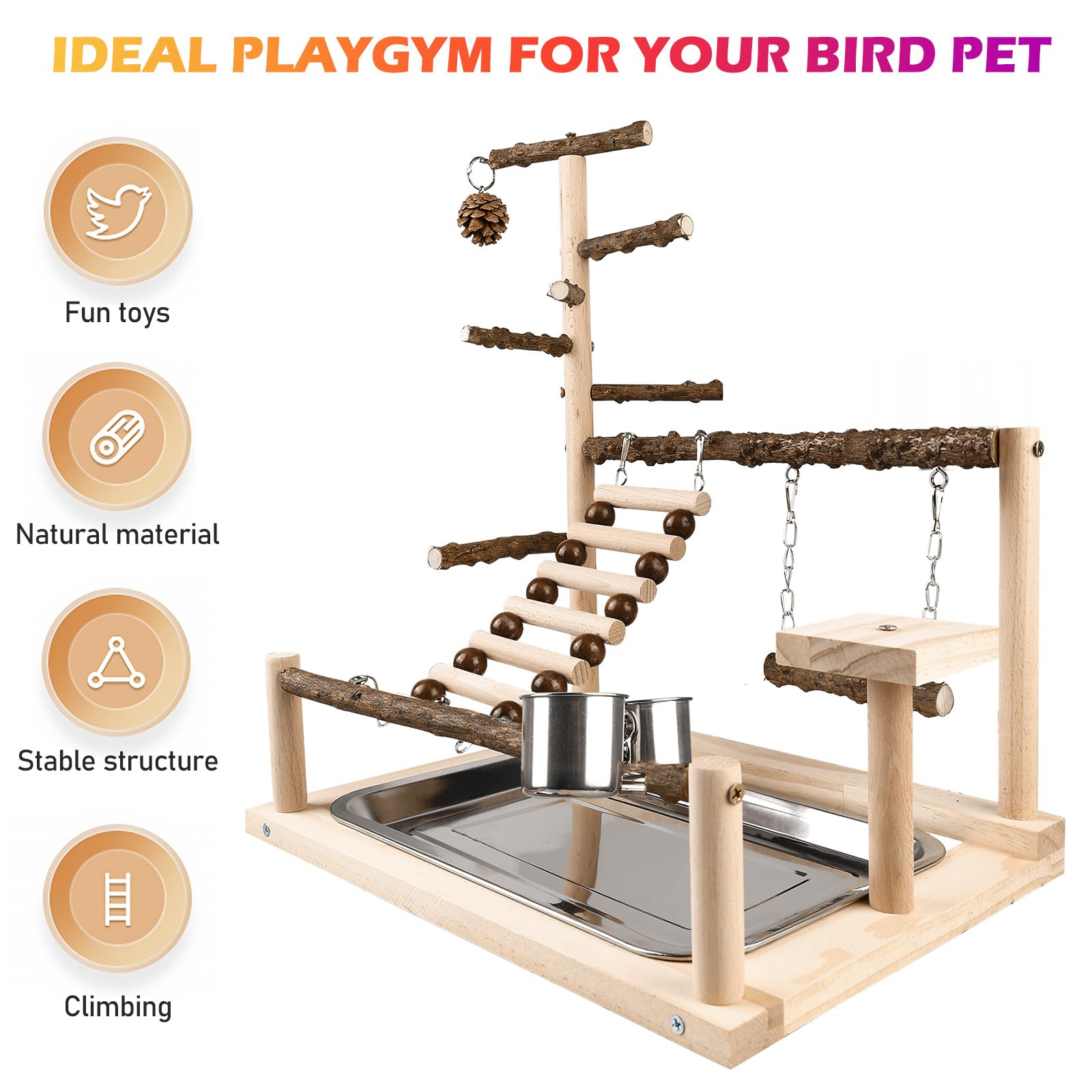 Loro Juegos para loros, Pinguelli, Calopsitte, Guacamayo, Parque de juegos de madera, Trespolo con tazas y bandeja, Fringe