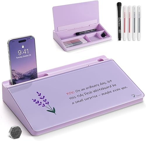 Miniatura 9 de TOWON Pizarra blanca de escritorio pequeña y compacta de vidrio con almacenamiento – Tablero de borrado en seco de 12 x 7 pulgadas para escritorio,