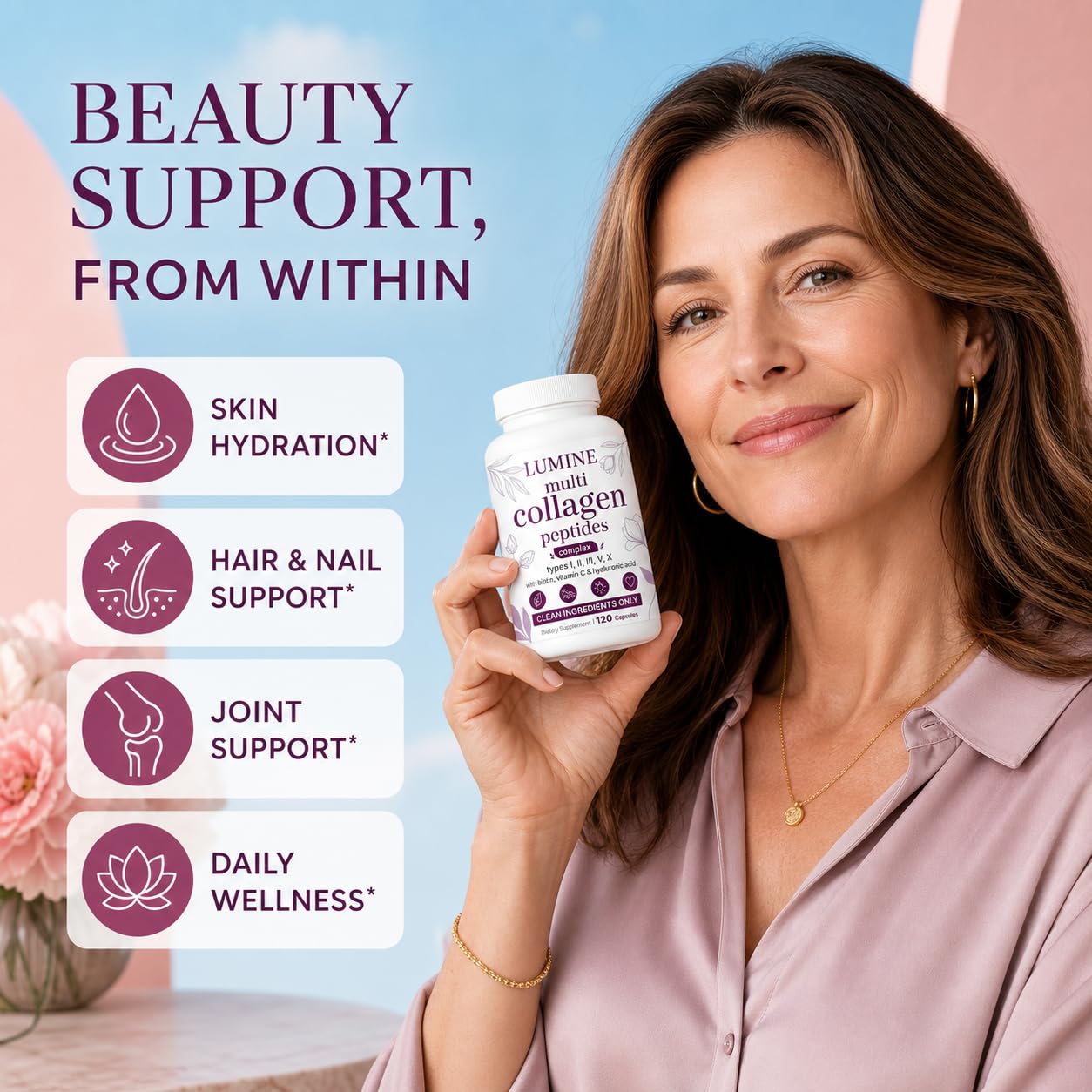 LUMINE Organics Collagen Peptides, Collagen with All 5 Types,Hydrolyzed Collagen Supplement with Biotin,Hyaluronic Acid & Vitamin C, Non-GMO Ingredients, Vegan-Friendly, 120Capsules — Amazon image 6