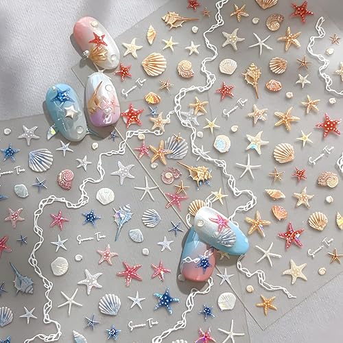 Colorful Starfish Nail Stickers Summer Nail Sticker for Nail Art 5D Self-Adhesive Nail Decals Ocean Nails Supplies Design Decoration Accessories for Women and Girls 2 Sheets - Colorful Starfish