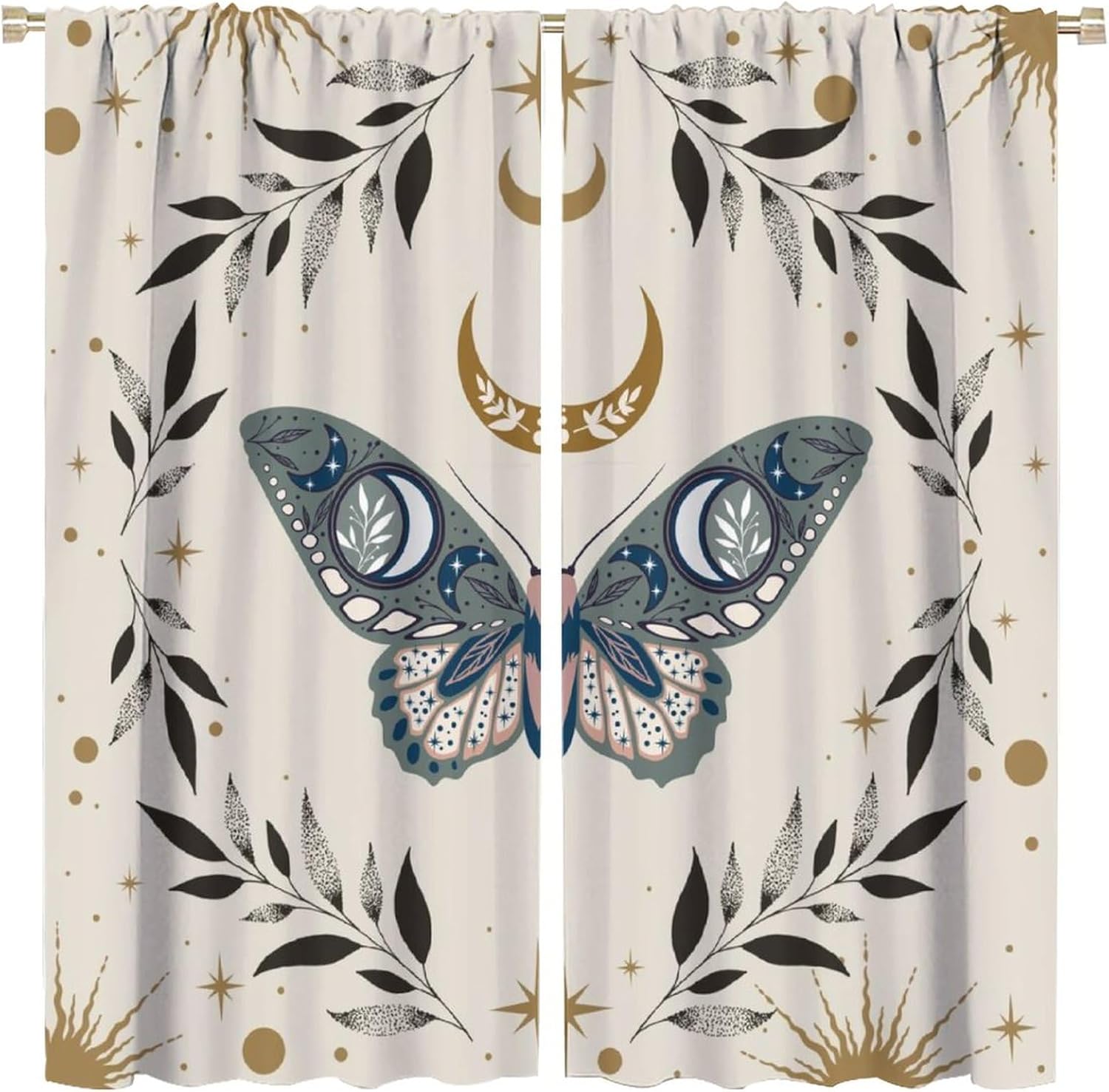 Retro Butterfly Moth Curtains Fantasy Sun Moon Star Floral Leaves Rod Pocket Blackout Window Drapes for Living Room Bedroom Kitchen Decor W21xL45in 2 Panels