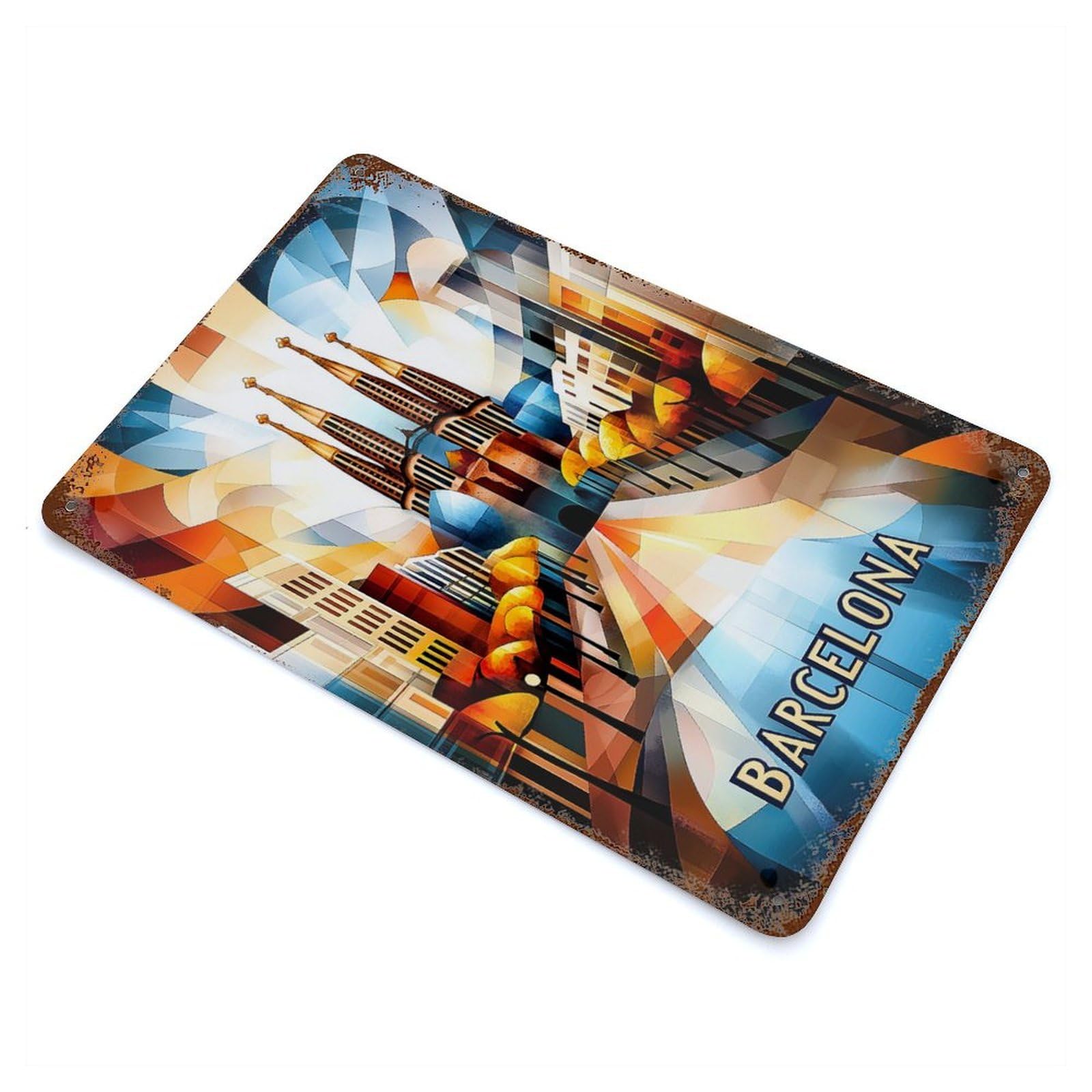 Barcelona Cubist Sunrise – Geometric Cityscape Art Decorative Tin Sign 11.8"x7.9", Ideal for Cafe, Home Bar And Lounge Decor