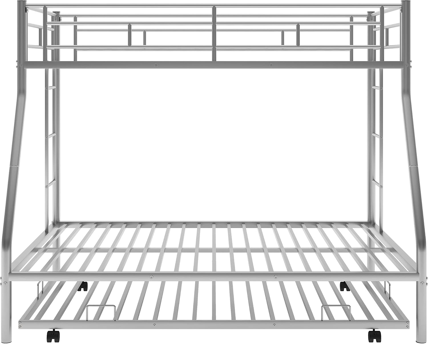 Twin Over Full Bunk Bed with Trundle, Metal Bunk Bed Frame with Two-Side Ladders, No Spring Box Needed, Silver