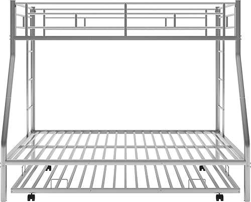 Miniatura 5 de Litera de tamaño individual sobre matrimonial con nido, marco de cama de metal con 2 escaleras y barandilla, litera de metal resistente para niños,