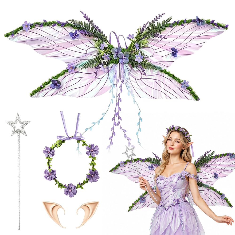 Fairy Wings, Butterfly Wings Adults, Angel Costume Accessories, Sparkling Sheer Wing with Flower Headband Elf Ears Fairy Magic Wand for Adult Women Girls for Carnival Party Cosplay (Purple-1) — image 1