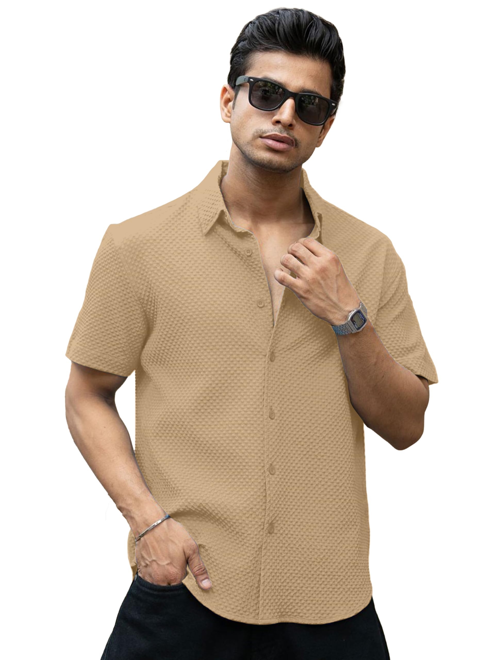 color bucket Shirt for Men | Half Sleeves | Men’s Black Textured | Cotton Blend Shirts | Casual Shirt's | Spread Collar | Short Sleeves | Regular Fit-picture-10