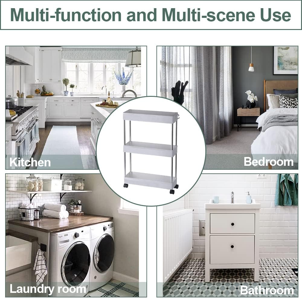 Slim Storage Cart, 3 Tier Mobile Shelving Unit Organizer, Slide Out Rolling Utility Cart Shelf Rack for Kitchen Bathroom Laundry Room Narrow Places, Plastic & Stainless Steel, Gray