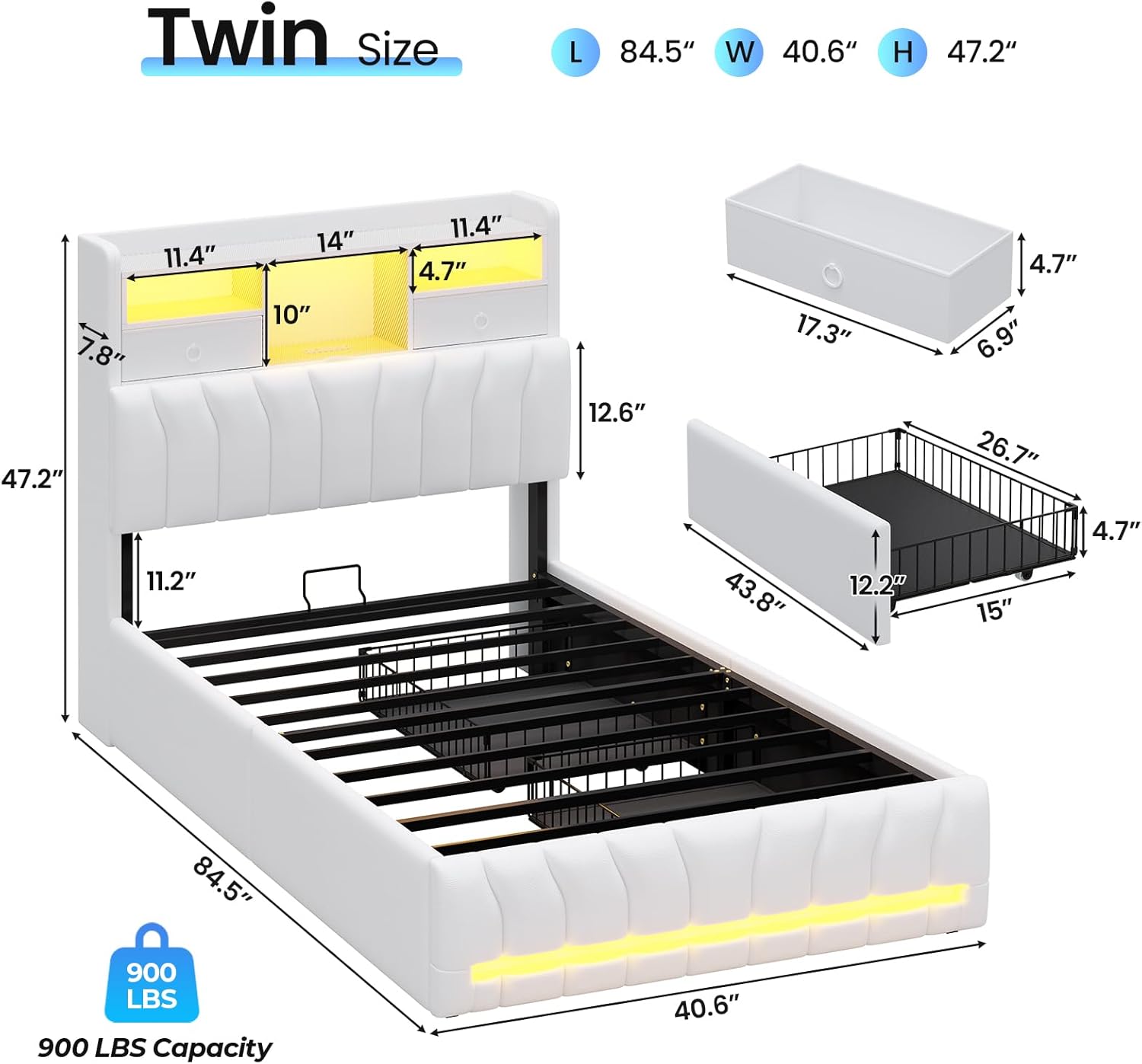 DICTAC Twin Bed Frames with Storage Headboard and 2 Large Drawers, Gaming Bed with RGB Lights and Charging Station, Leather Upholstered Platform Bed, Esports-Style Bed, No Box Spring Needed, White