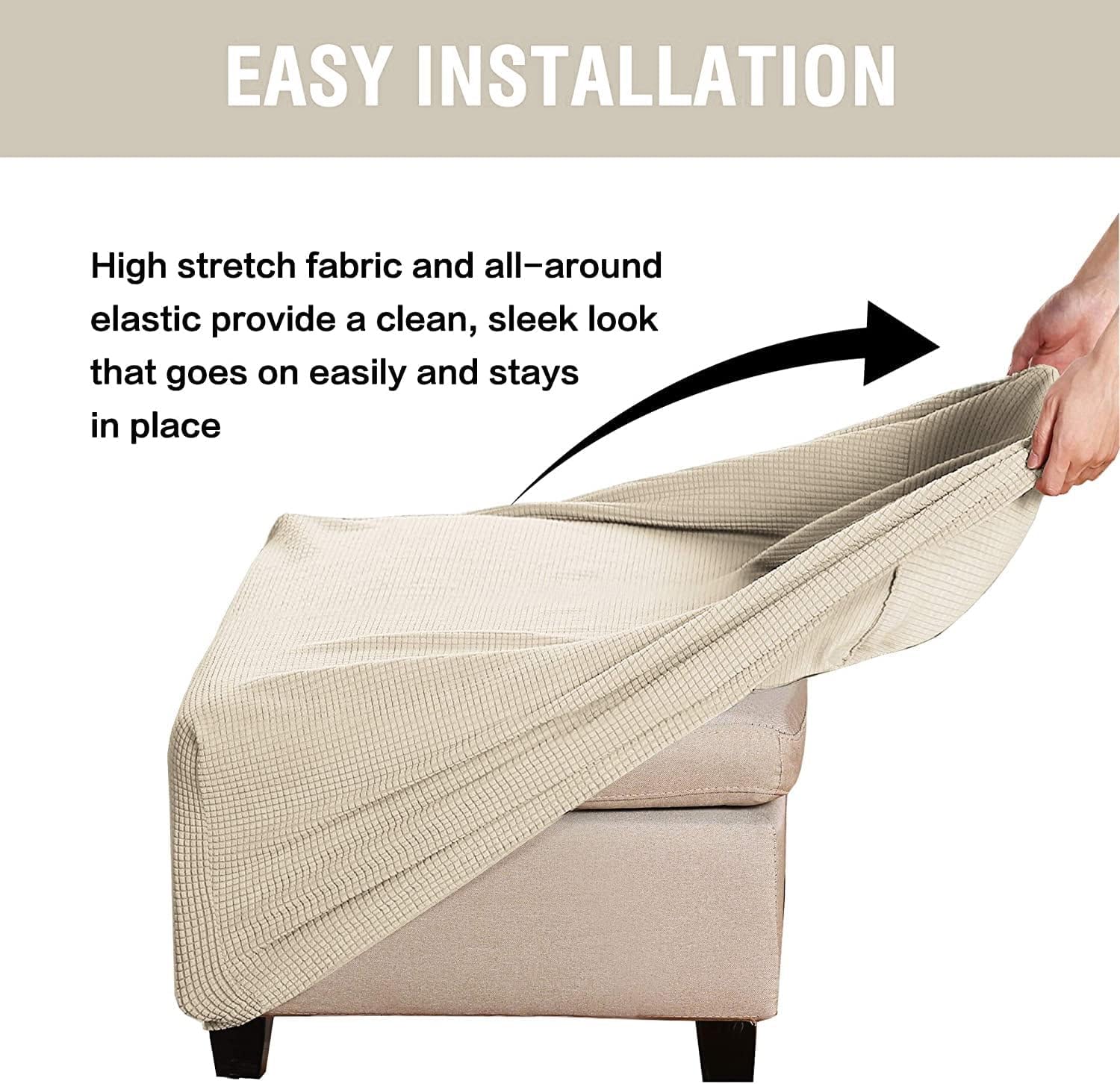 Square Ottoman Covers Ottoman Slipcovers Folding Storage Stool Furniture Protector Form Fit with Elastic Bottom,Stretch High Spandex Small Checks Jacquard Fabric Beige L 27" -30"