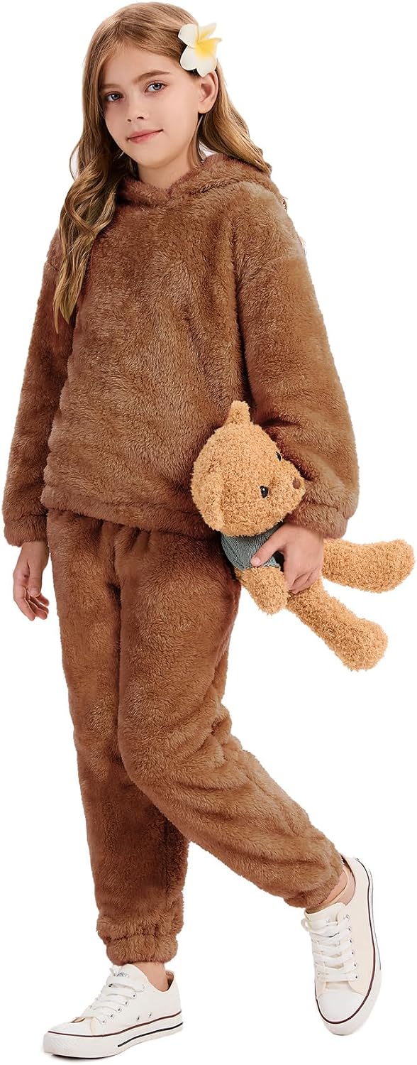 Flygo Girls Fuzzy Pants Set Crop Hoodie Bear Ear Two Piece Outfits Fluffy Sweatshirt and Fleece Pants Sweatsuit