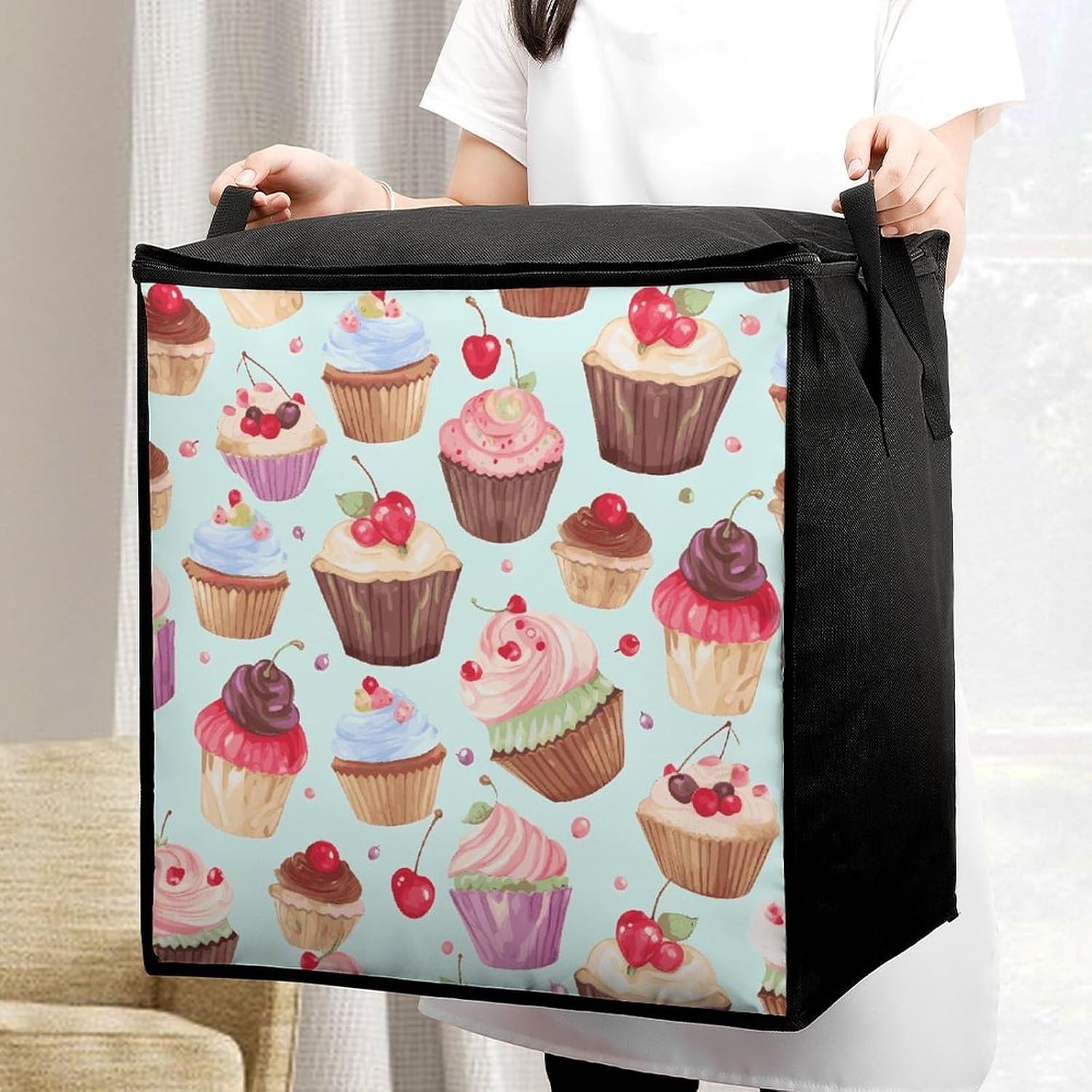 Cupcake Pattern Storage Bags Moving Bags Storage Bins | Comforter Storage Bag Reinforced Handles & Zippers Foldable Closet Organizers and Storage for Blanket Pillow Clothes