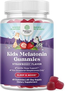 Kids Melatonin Gummies 1mg for Sleep Support, Strawberry - 60 count | Kids melatonin sleep support gummies 1mg with mood support; tummy-friendly, strawberry flavor
