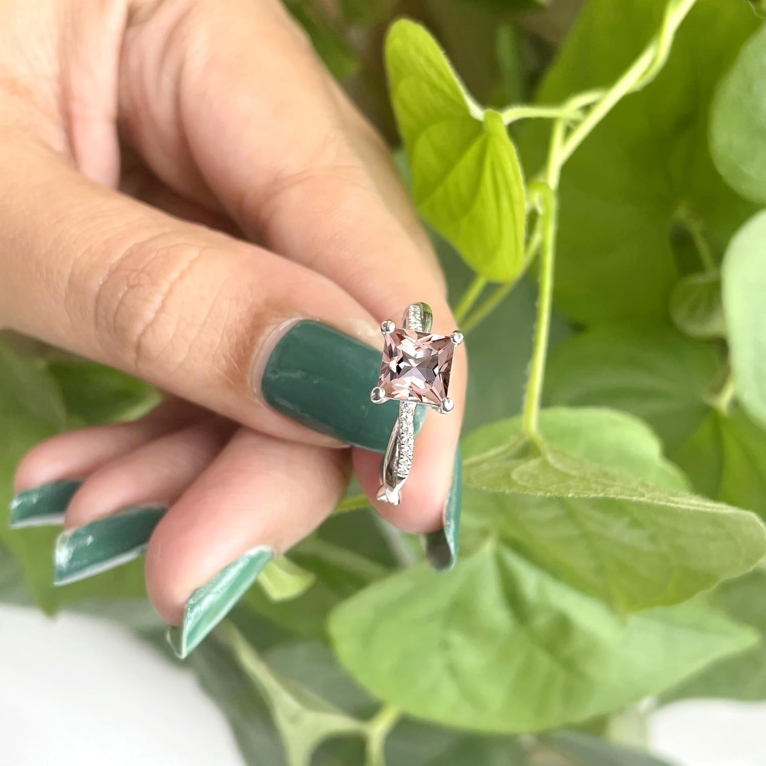 1 Carat Princess Cut Morganite & Diamond Twisted Solitaire With Accent Engagement Ring For Women, 14K Gold Plated 925 Silver Morganite Swirl Bypass Bridal Side Stone Ring