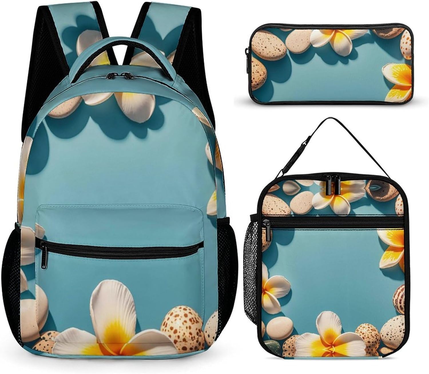 3-in-1 Backpack Set with Lunch Bag & Pencil Case, Frame Exotic Floral Pattern Printing Backpack with Front Pocket, Insulated Lunch Tote, Large Capacity Pencil Pouch