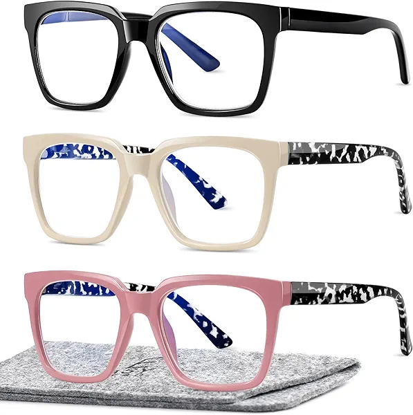 EASY READ 3 Pairs Reading Glasses for Women, Squre Computer Blue Light Blocking Anti UV Readers with Spring Hinge