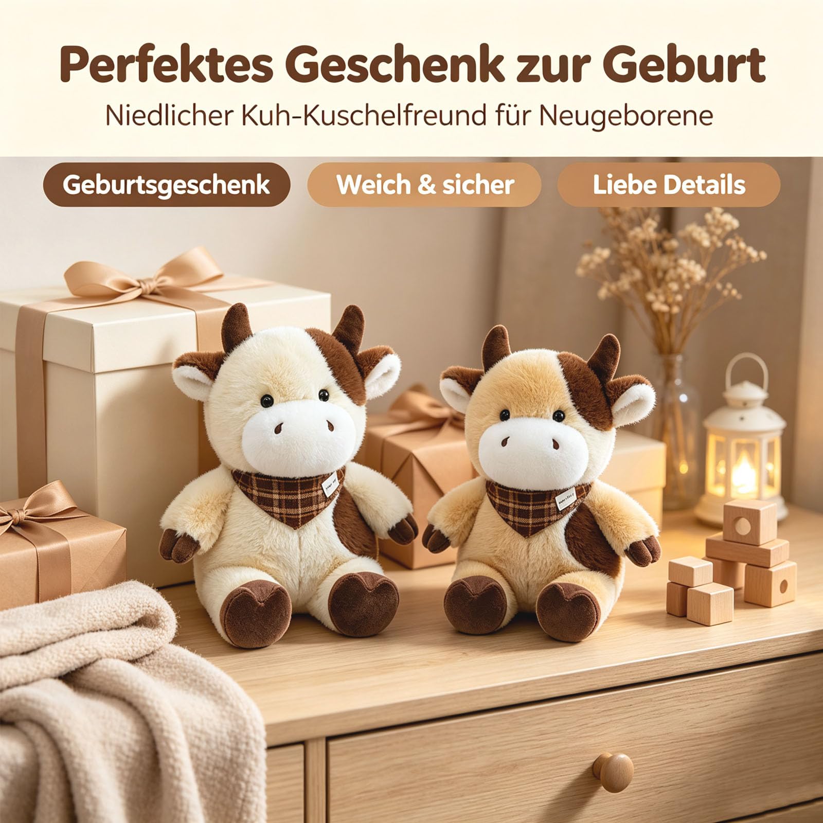Kuschelige Kuh Aus Weichem Plüsch, Plüschtier Kühe mit Schal, Kuh Stofftiere zum Kuscheln und Spielen, Milchkuh Plüsch Spielzeug Geschenke für Erwachsene und Kinder (Weiß,60cm)