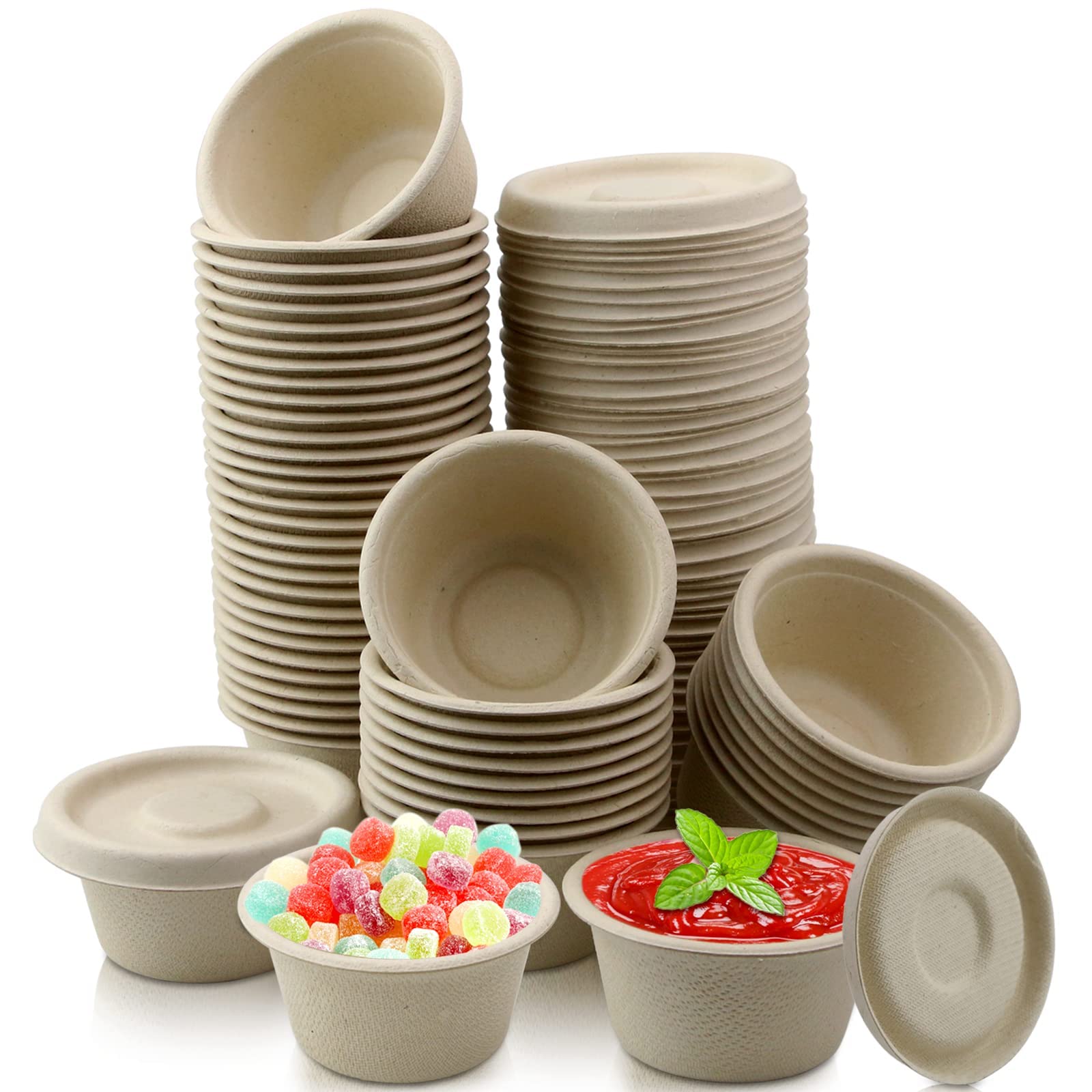 Vmiapxo 100 Sets 2oz Natural Bagasse Fiber Condiment Cups with Lids, Compostable Sauce Condiment Containers Disposable Paper Dishes Serving Sample Cups for Snack Tasting Charcuterie