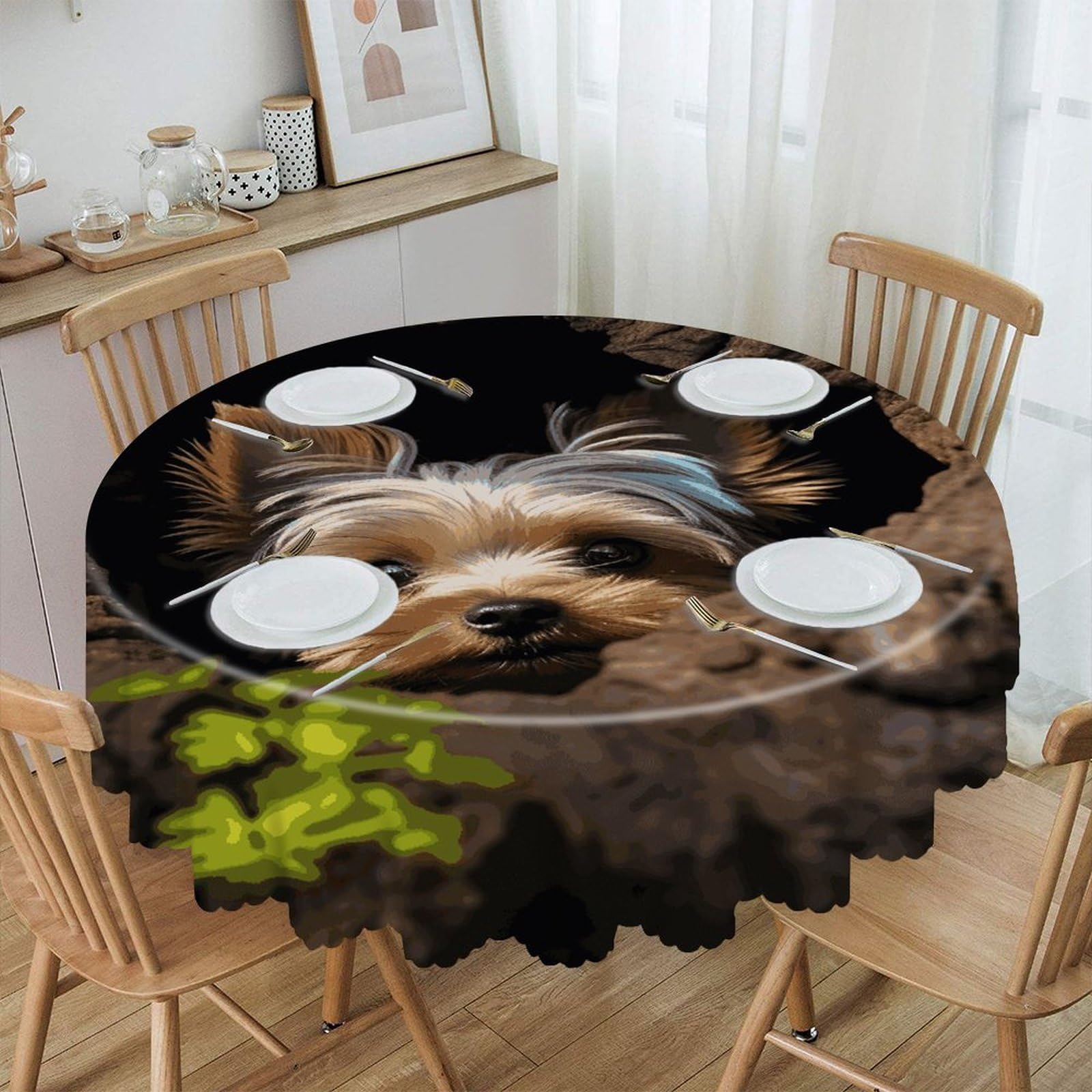 Btcowzrv Style A Little Yorkshire Terrier Nestled In A Tree Hole Polyester Round Tablecloth 59.84 Inch, Decorative Washable Table Cover, Table Cloth For Restaurant Picnic Indoor And Outdoor Dining