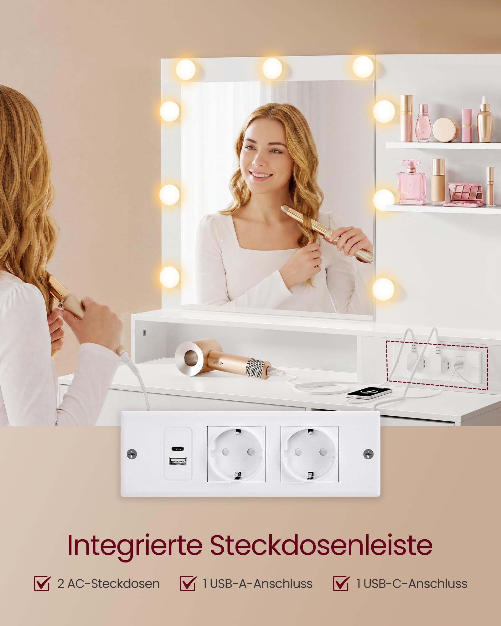 VASAGLE Kailyn Kollektion - Schminktisch mit Spiegel und LED-Leuchten, Steckdosenleiste, 9 Schubladen, 9 dimmbare Glühbirnen, 3 Lichtfarben, werkzeuglose Gleitschienen, wolkenweiß RDT241WB01