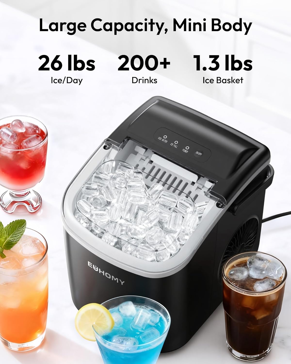 EUHOMY Countertop Ice Maker Machine with Handle, 25.5lbs in 24Hrs, 9 Ice Cubes Ready in 6 Mins, Self-Cleaning Portable Ice Maker with Basket and Scoop, for Kitchen/Home/Camping/RV. (Black)
