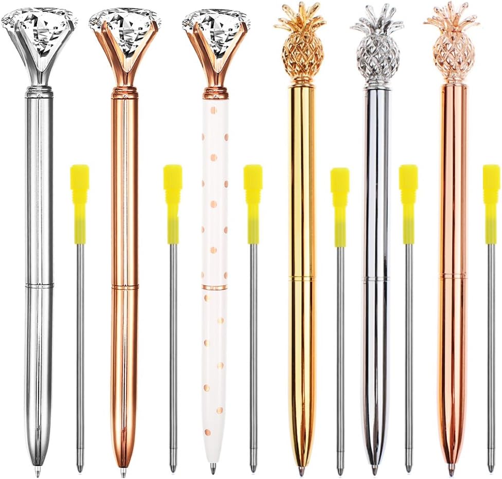 3 Pcs Big Crystal Diamond Pens and 3 Pcs Pineapple Pens Ballpoint Pens Rose Gold/Silver/White Metal Ballpoint Pen Black Ink for Women, Co-workers, Kids, Girls