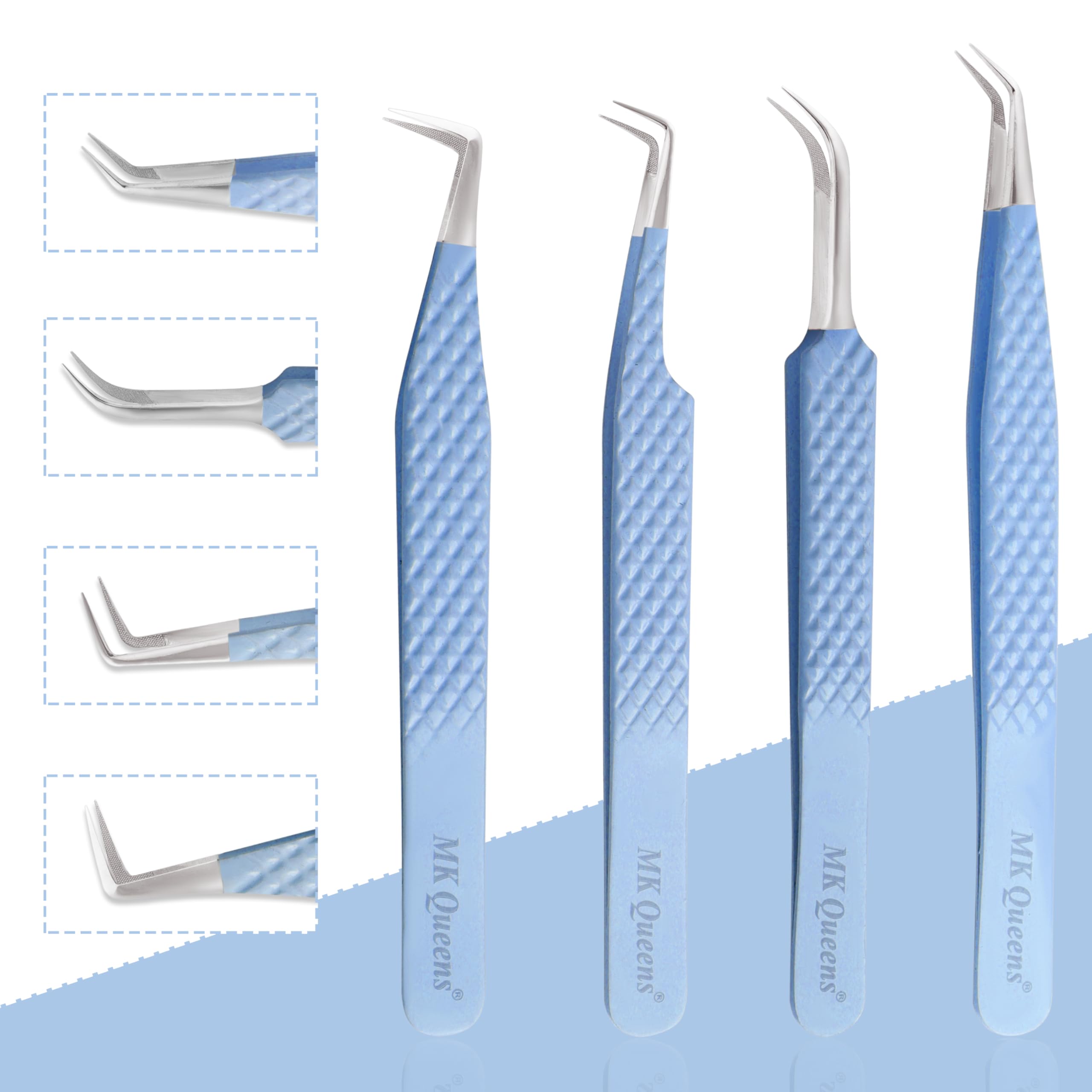 Pinzas profesionales para extensiones de pestañas, juego de 4 pinzas de fibra de acero inoxidable con agarre de diamante (4, azul cielo)