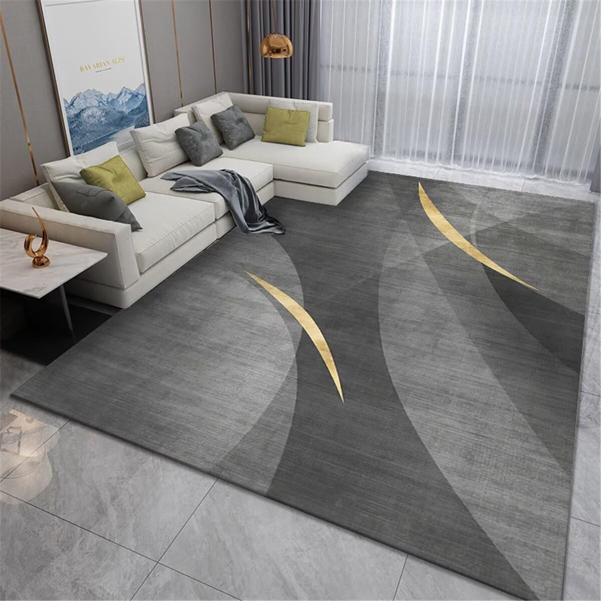 Schlafzimmer Teppich Flach Gewebt Grau gelber Druck Klassische Dekoration moderner Stil langlebig Vorhänge 70X140CM