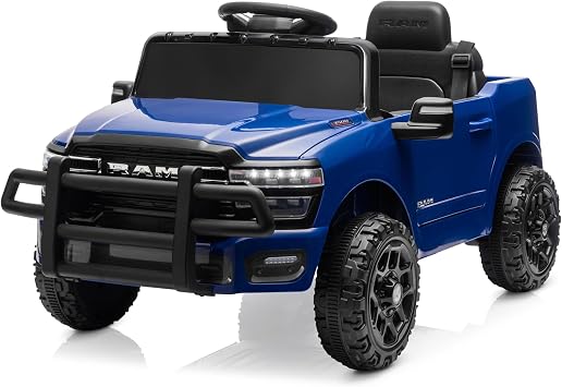 Kidzone Licensed Ram 3500 12V Ride on Truck, Powered Ride-on Car with 2.4G Remote Control & Manual Modes, Electric Toy Vehicle for Kids with Bluetooth, LED Lights, Spring Suspension, Blue