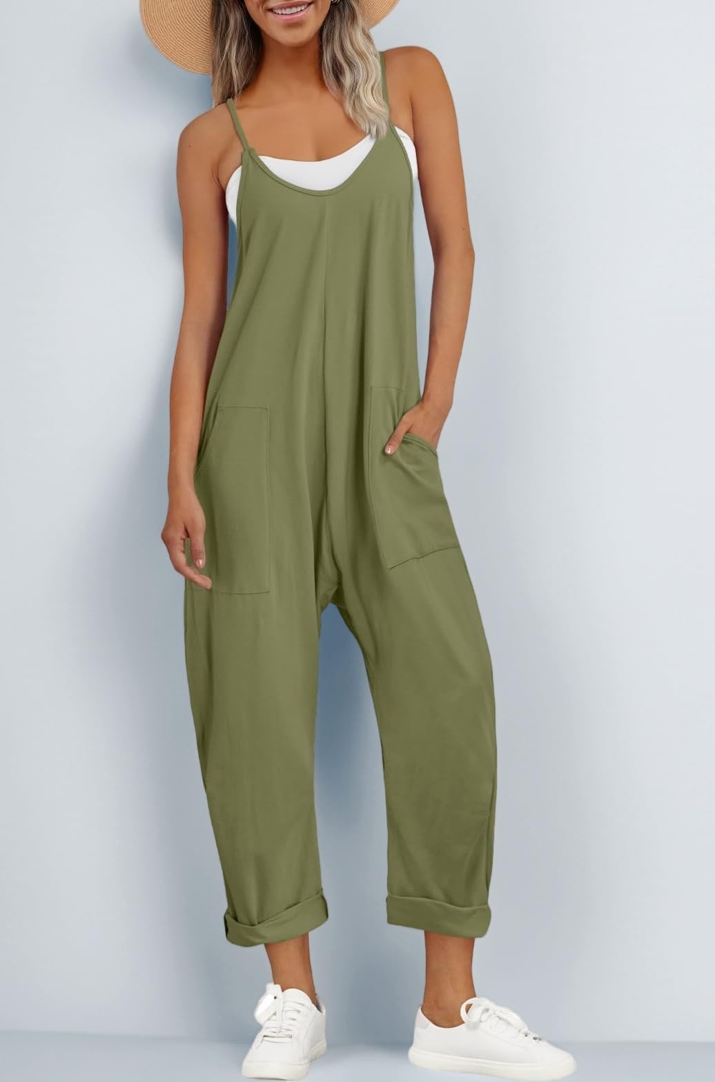 AUTOMET Jumpsuits for Women Casual Summer Rompers Sleeveless Loose Spaghetti Strap Baggy Overalls Jumpers with Pockets 2023