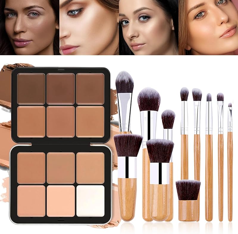 12 Colors Cream Concealer Foundation Palette & Makeup Brush Set, Long-Wearing Smudge Proof Blendable Full Coverage Cream Contour Highlighter Color Correcting Concealer Foundation Palette Makeup