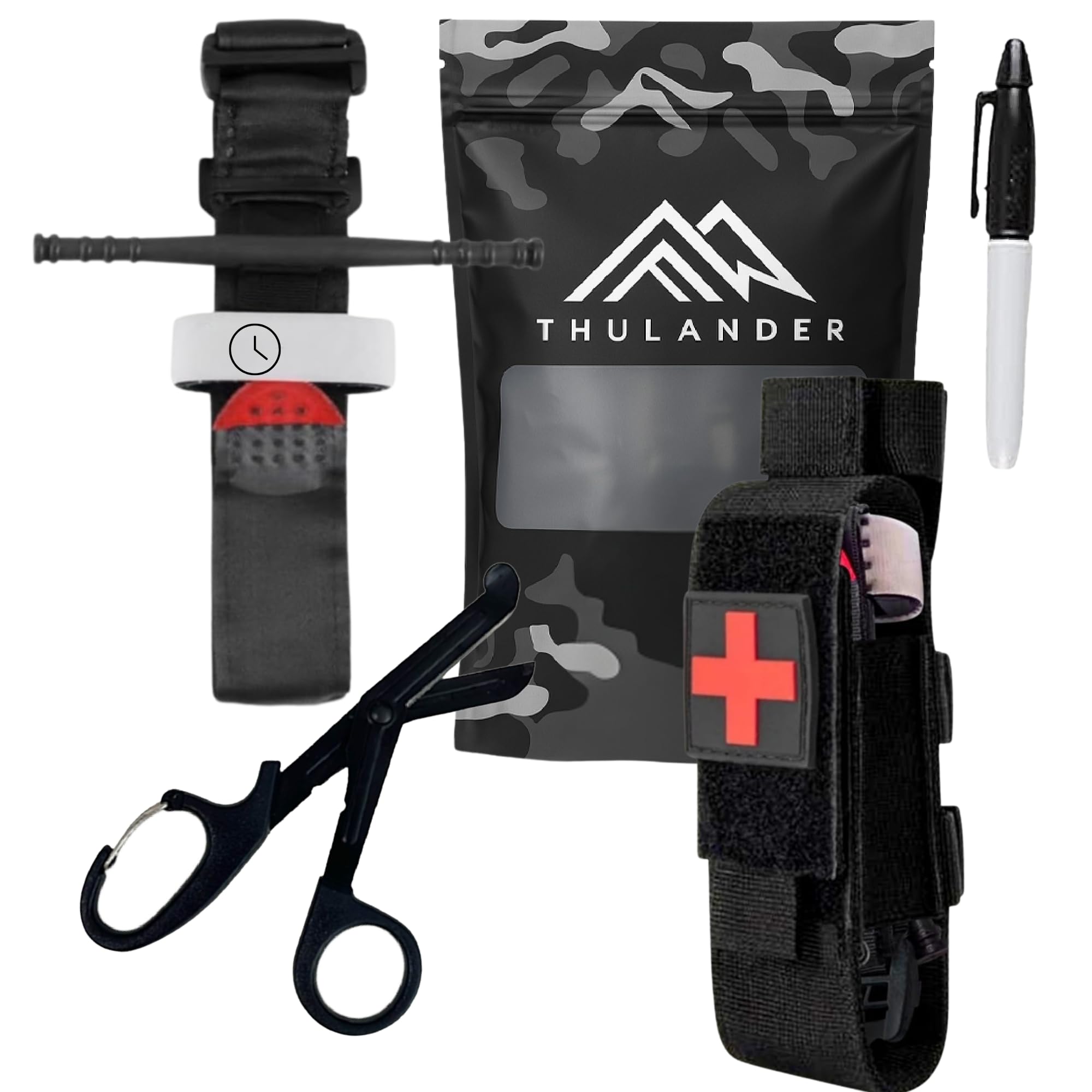Pack Torniquete Táctico. 5 piezas (torniquete+funda+tijeras+boligrafo+parche) Kit supervivencia homologado hemorragias. Emergencias senderismo, militar, enfermero, policía Botiquín primeros auxilios