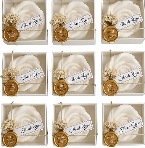 White Rose Petal Soy Wax Candles in Bulk - Scented Wedding Favor, Bridal Shower Baby Shower Birthday Gift - Dried Flower, Wax Stamp (90 Pieces)
