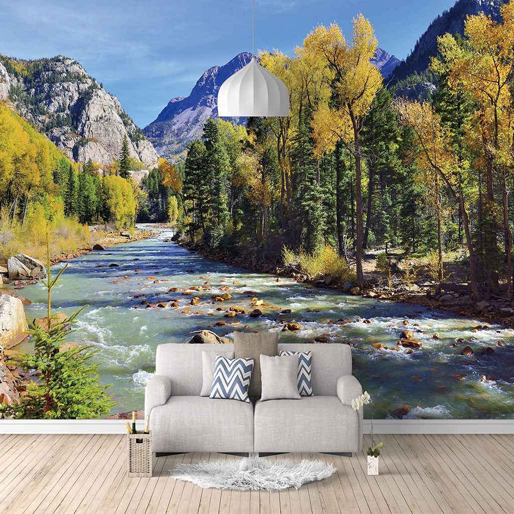 Papier peint paysage de ruisseau 3D auto-adhésif pour masquer un mur terne sans colle