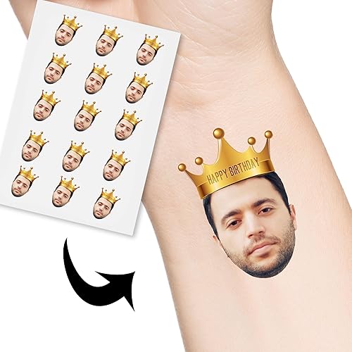 Miniatura 1 de Tatuajes temporales personalizados de feliz cumpleaños con texto fotográfico, sombrero de cumpleaños, tatuajes falsos personalizados para parejas,