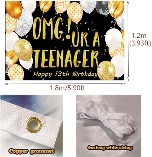 Miniatura 2 de OMG UR a Teenager Happy 13th Birthday telón de fondo extra grande de tela dorada y plateada para cumpleaños de 13 años, cartel de fondo para