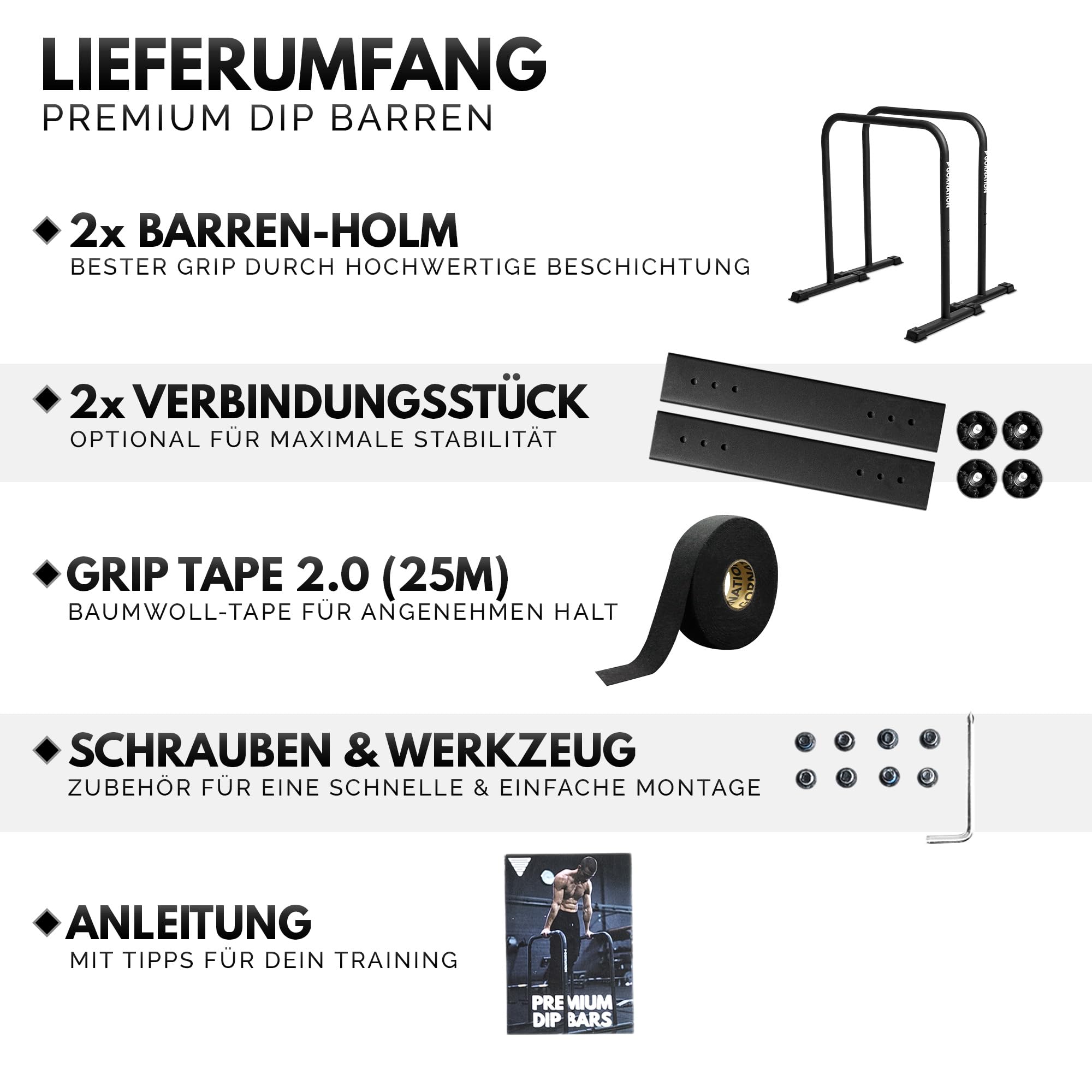 GORNATION Premium Dip Barren, Dip Stange, Verstellbares Calisthenics & Fitness Trainingsgerät mit rutschfesten Füßen, Dip Station für Home und Outdoor Workout Bars