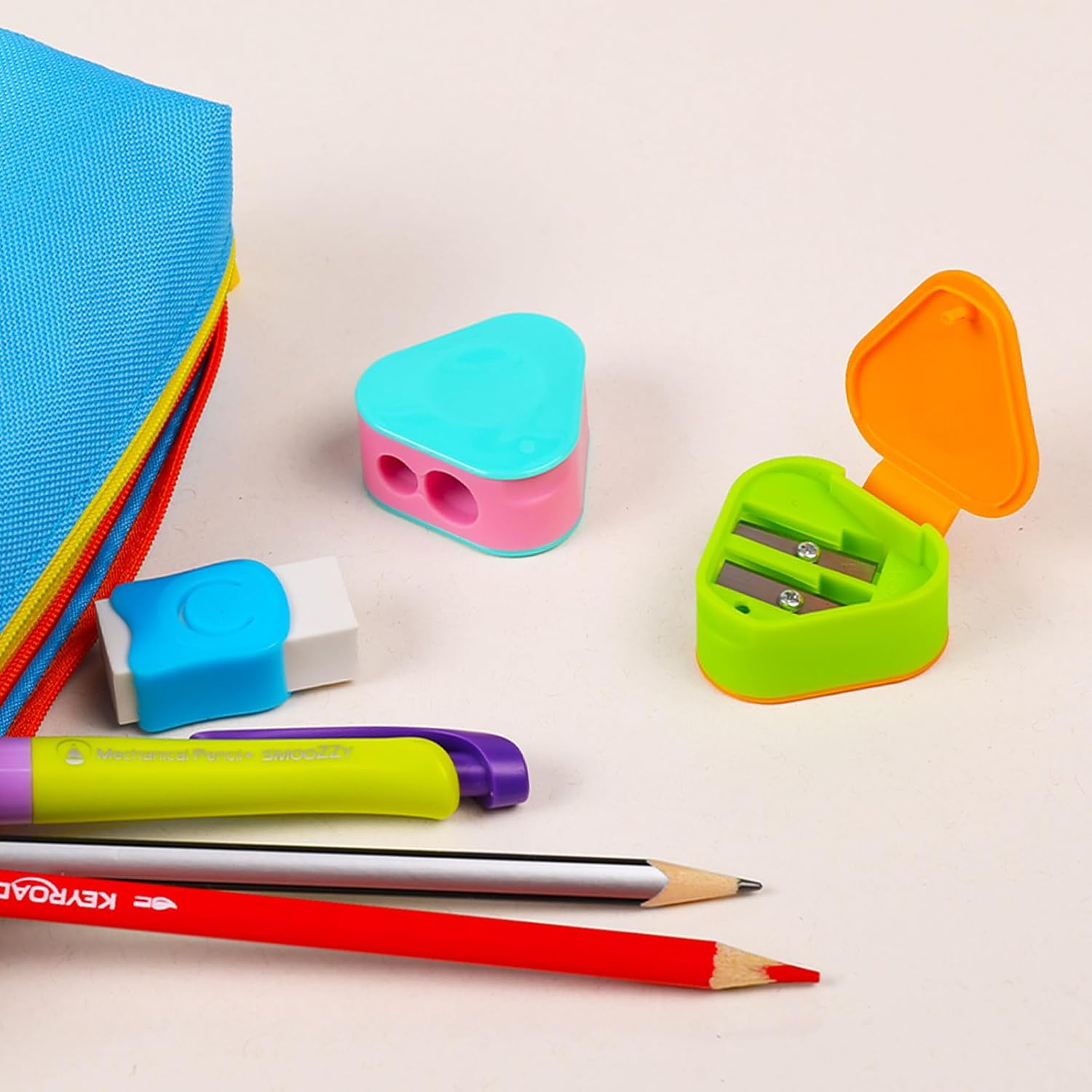 KEYROAD Ergonomic Double Pencil Sharpener Triangular with Container / 1 Piece/Plastic/Steel Blades/Pencils and Coloured Pencils/Blister Pack - Mixed Colours
