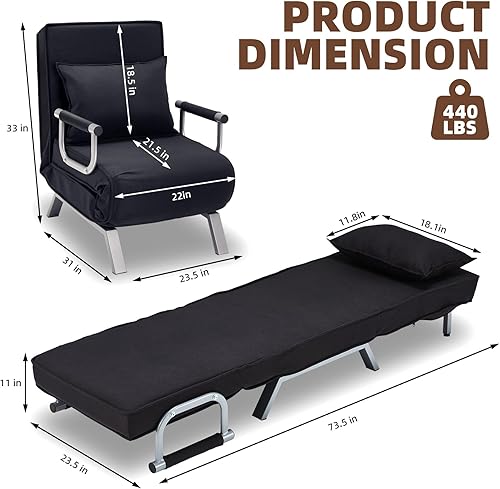 Miniatura 2 de OUTGAVA Sofá cama plegable, sofá cama convertible individual 3 en 1 con respaldo ajustable, cama reclinable con almohada, sillón tapizado de tres