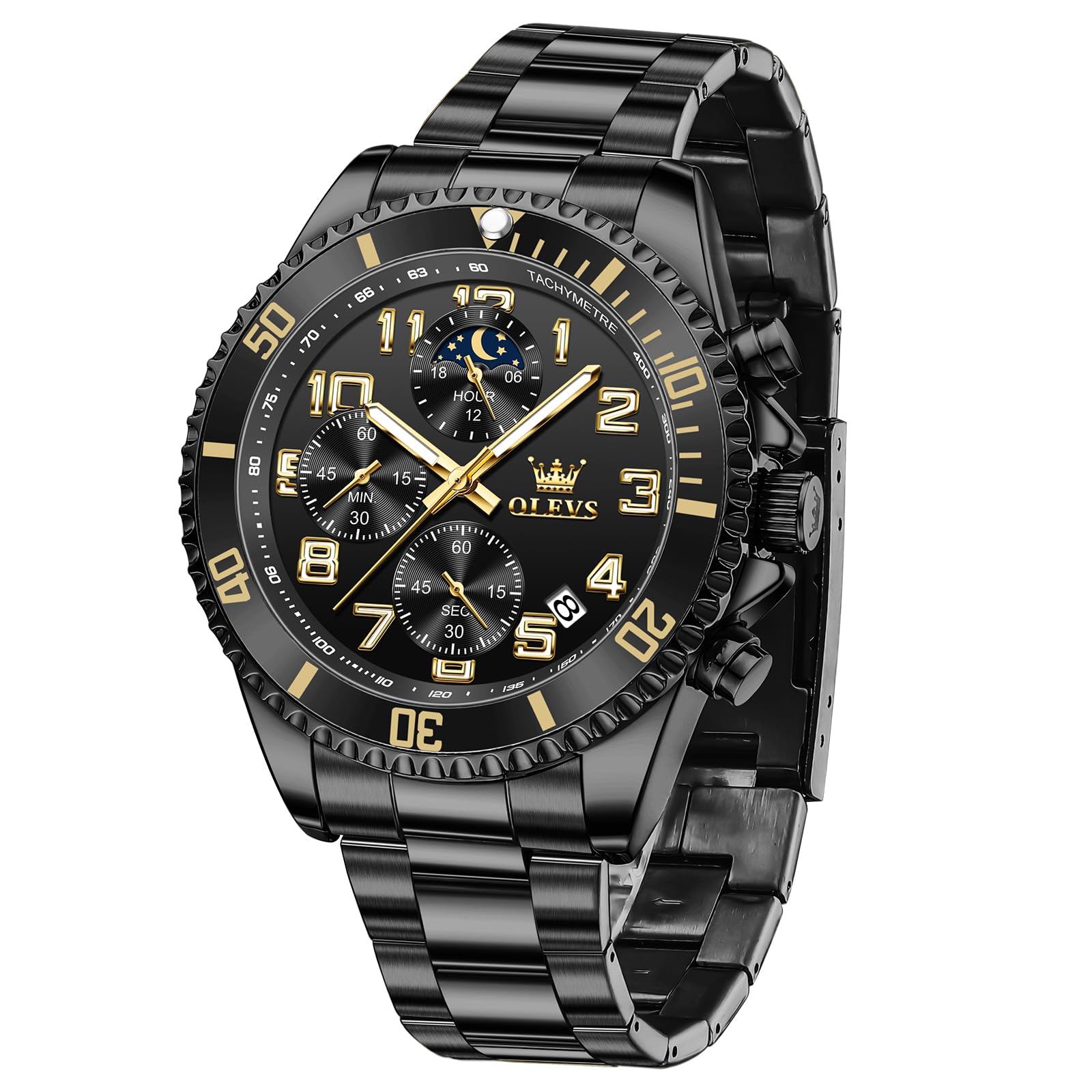 OLEVS Groß Uhr Herren Wasserdicht Leuchtend Edelstahl Mondphase Armbanduhr Herren Analog Chronograph Herrenuhren Arabische Ziffern mit Datum