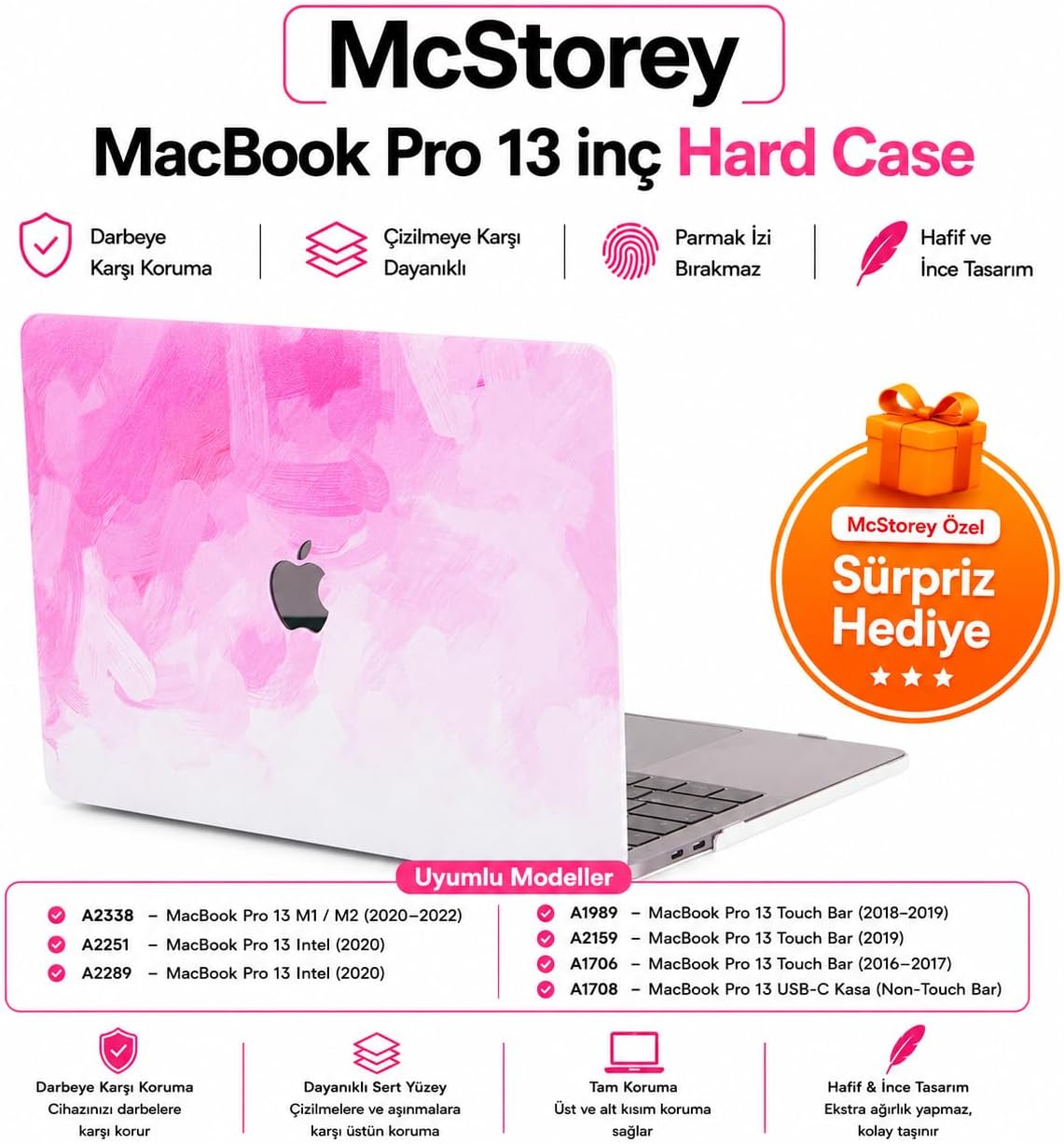 McStorey MacBook Pro 13 Sert Kapak A1706 A1708 A1989 A2159 A2251 A2289 A2338 M1 M2 Uyumlu İnce Hafif Mat Koruyucu Kılıf Pembe