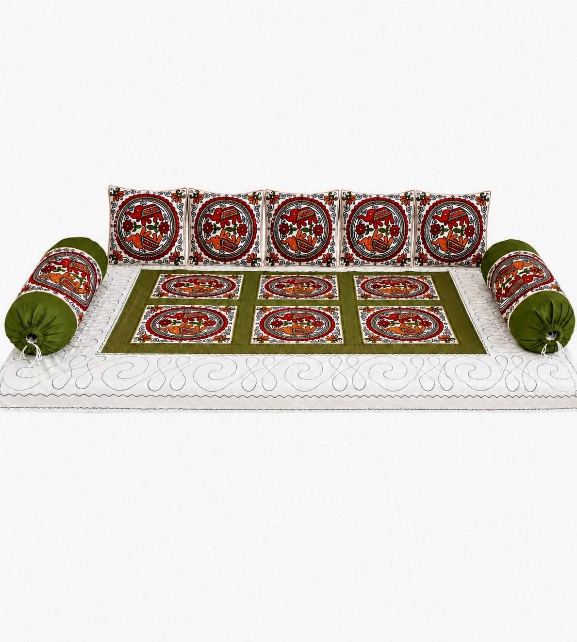 Handmade Cotton Dewan Set 8 Pieces - Traditional Rajasthani Embroidery Single Bedsheet with 5 Cushion Covers & 2 Bolster/Load Covers, Ethnic Indian Diwan Cot Bedding Set (Green Elephant Design)-image-21