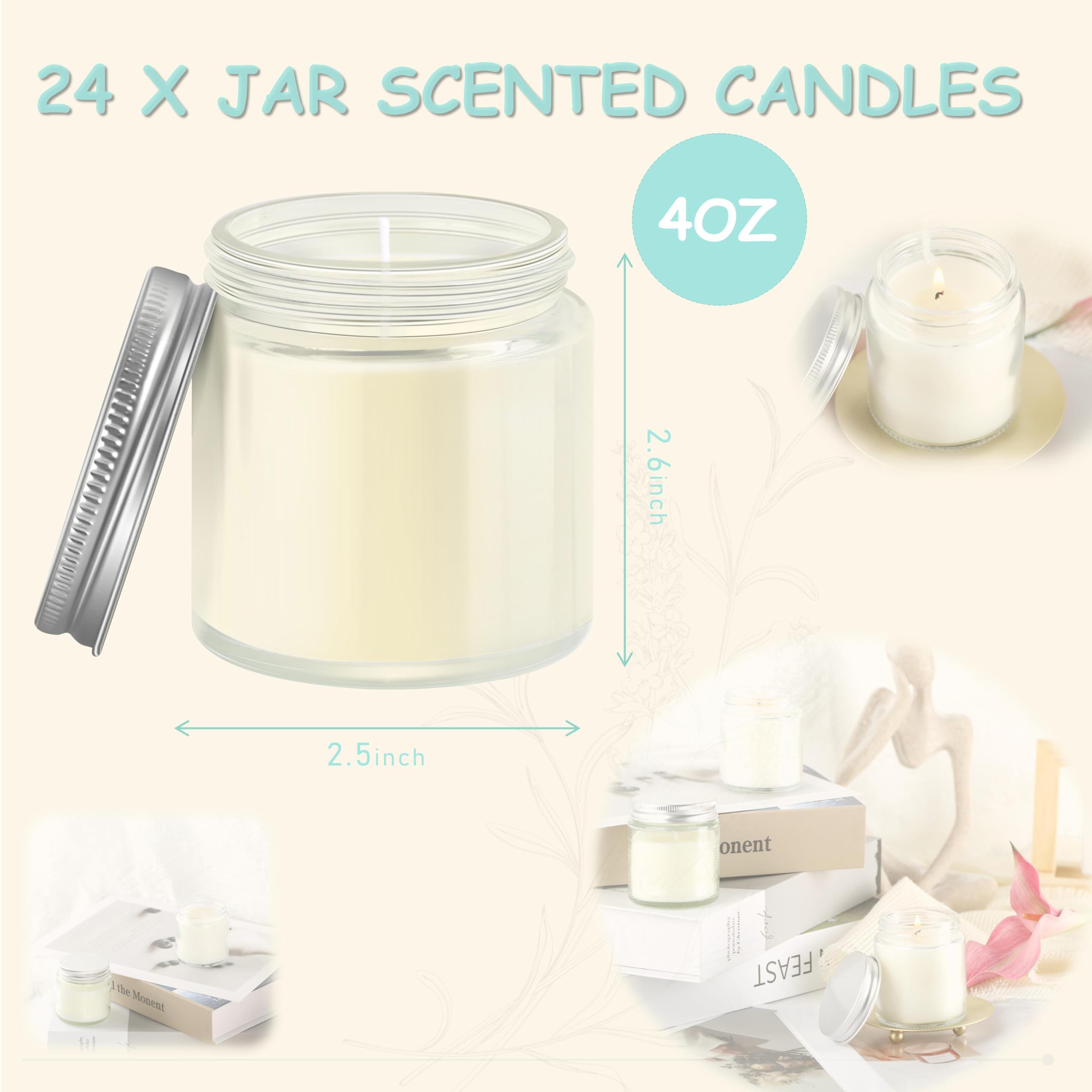 ACITHGL 24 velas pequeñas en tarro Mason de 4 onzas, velas perfumadas pequeñas para aromaterapia, recuerdos ideales para bodas, fiestas de cumpleaños (plata, 24)