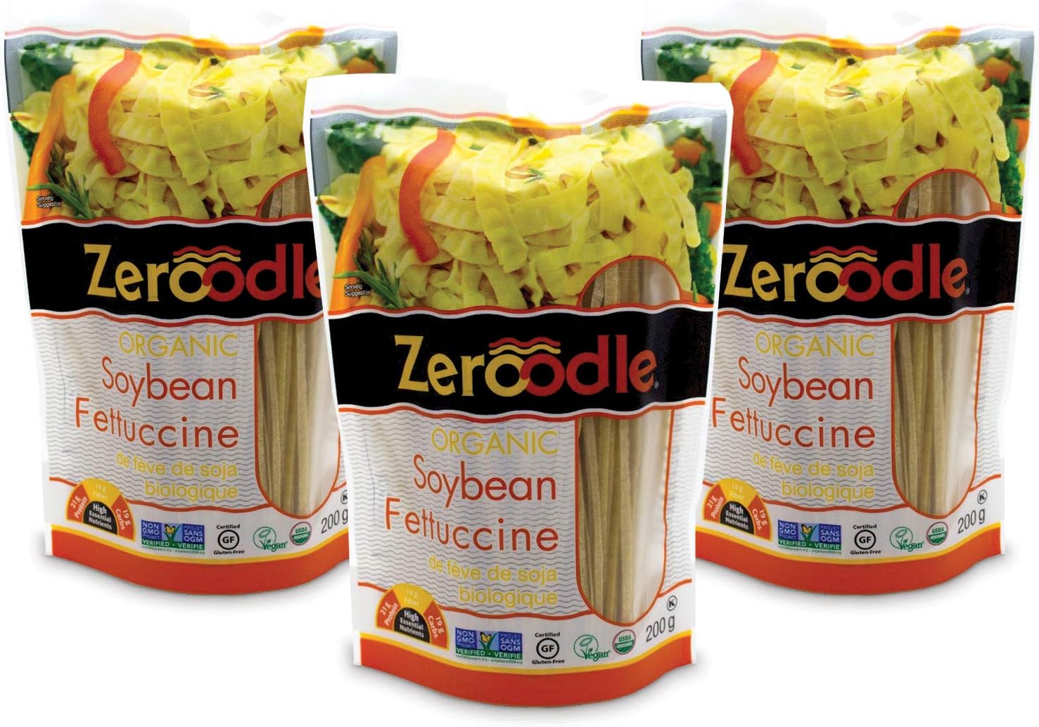 Zeroodle 3-Pack Low Net Carb Gluten Free Vegan Pasta - Organic Soybean Fettuccini Noodles - High Protein