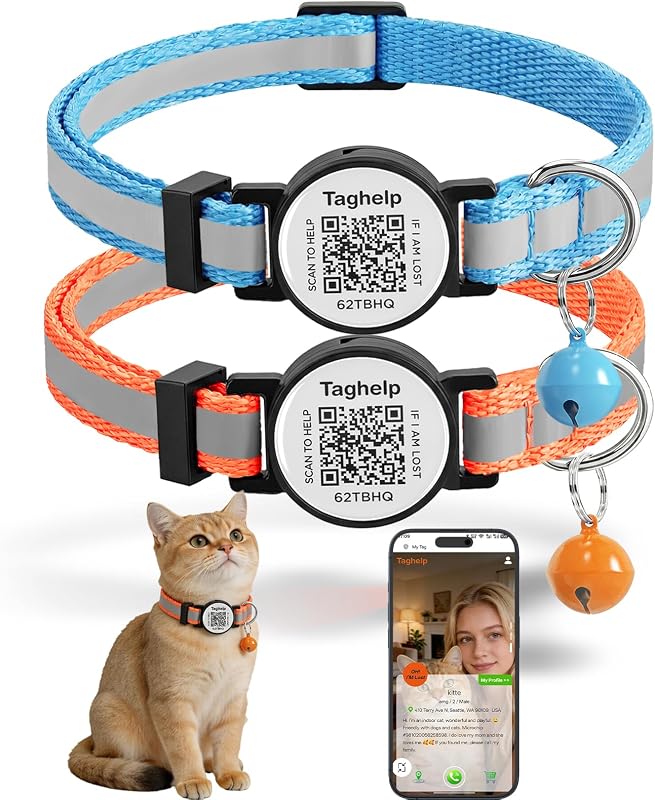 Coleira para Gatos com QR Code, Refletiva e Ajustável com Fecho de Segurança Taghelp, 2 Unidades (Laranja e Azul)
